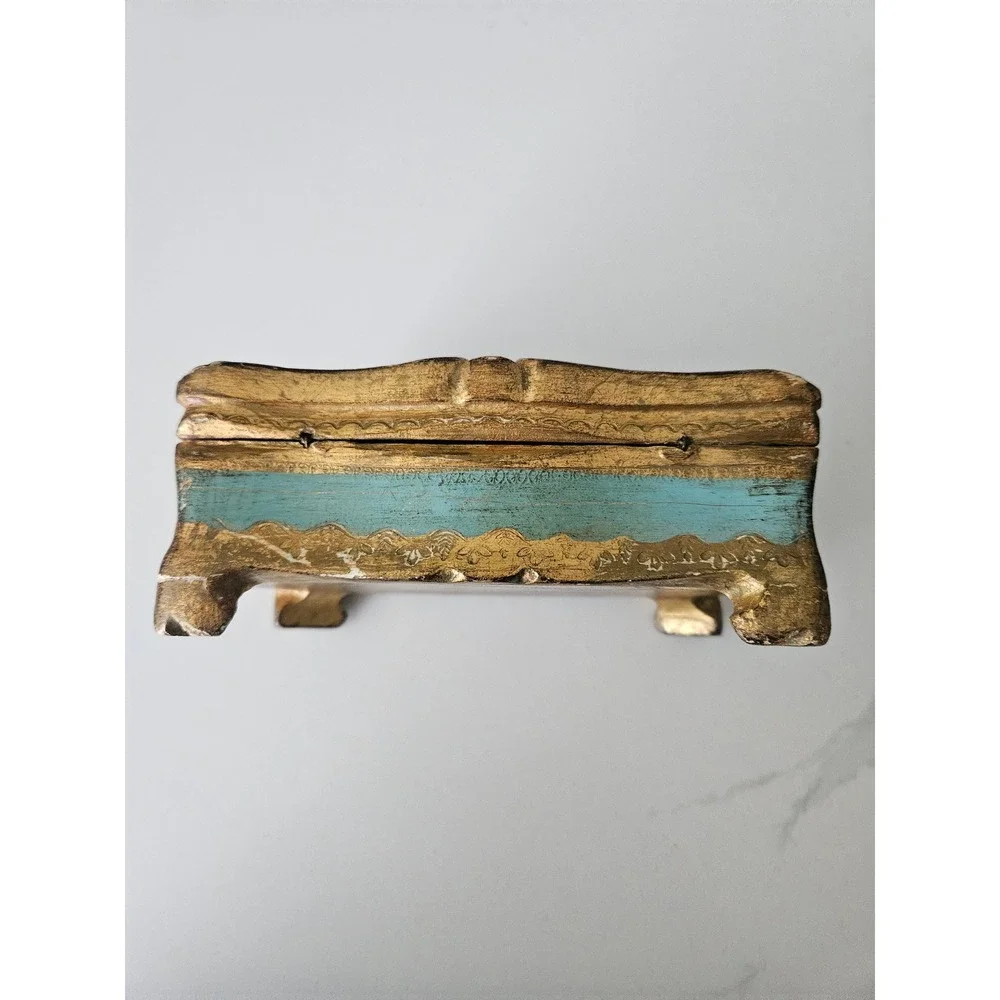 Florentine Jewelry Box Women OS Turquoise Gold Good Italian Wood Gilt Footed VTG - Picture 5 of 8